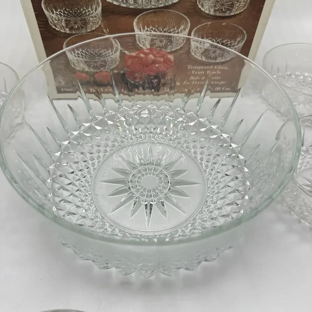 Vintage Arcoroc France Diamant 7 Piece Tempered Glass Salad Bowl Set France